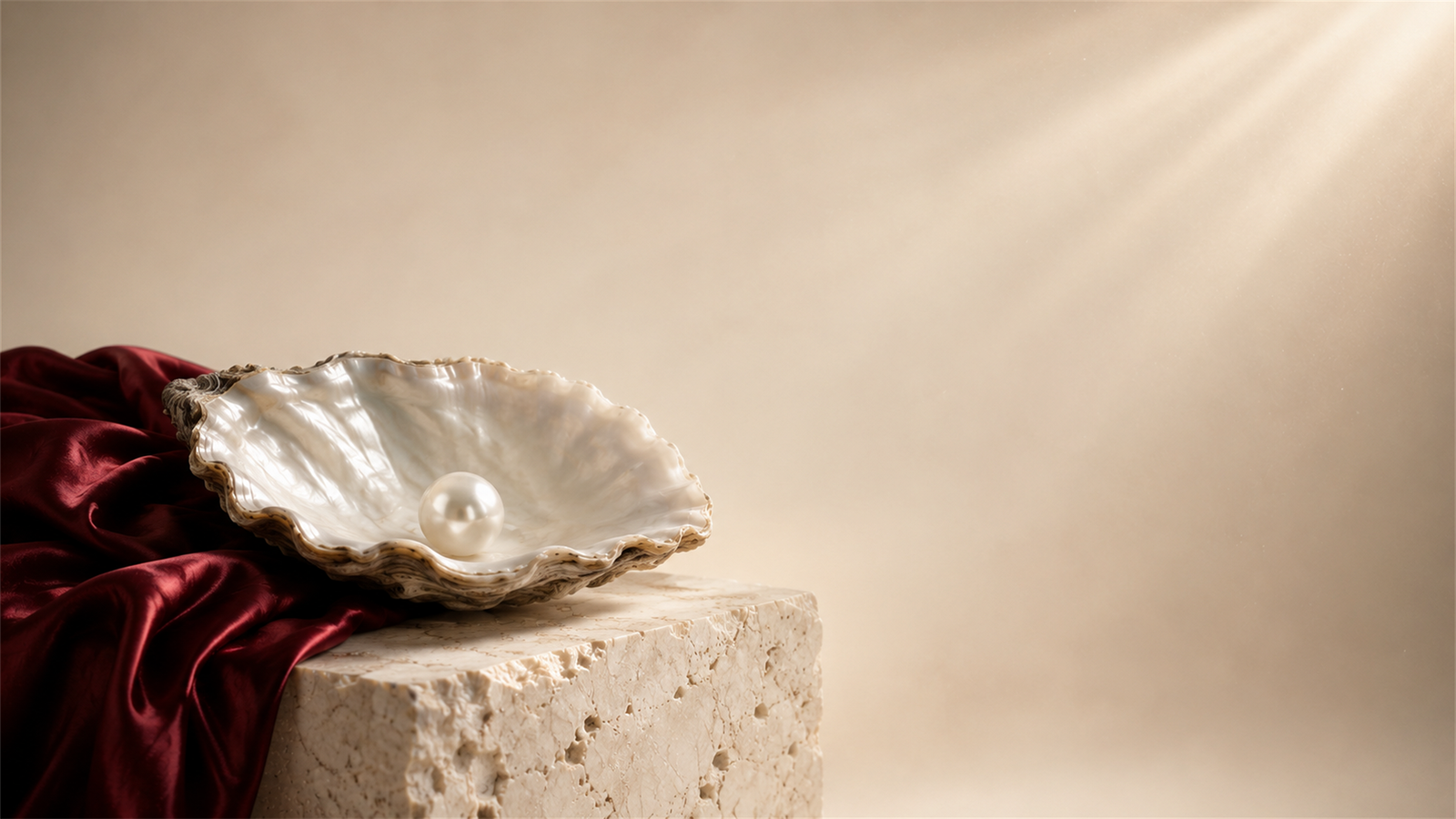 Pearl in oyster shell with burgundy fabric accent