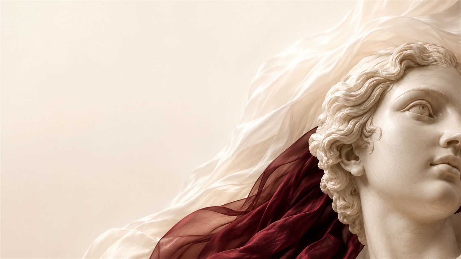 Marble sculpture bust with draped burgundy fabric